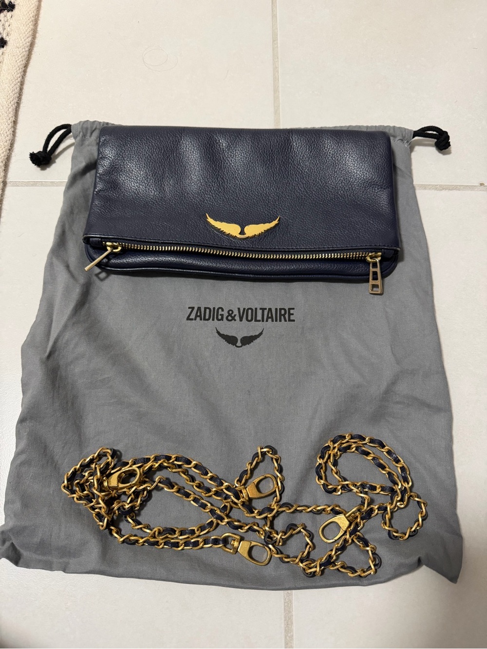 Zadig & Voltaire Navy Leather Foldover Crossbody with Gold detail